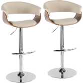 Vintage Mod Adjustable Swivel Bar Stool in Walnut & Cream Fabric (Set of 2)
